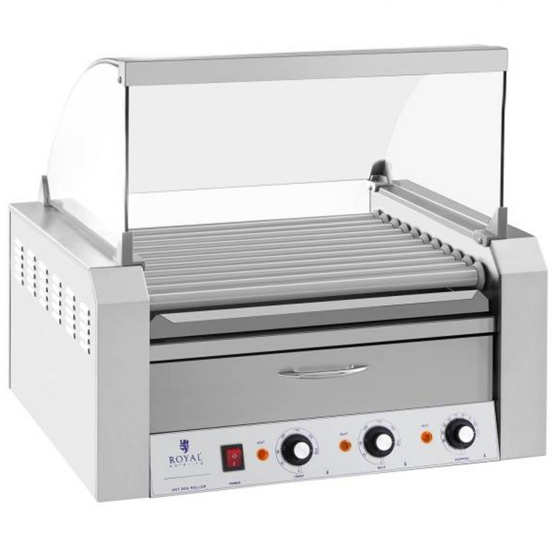 Roller grill rolkowy z osłoną i szufladą grzewczą do bułek 20 parówek HotDog 2600W 230V Royal Catering Royal Catering Roller grill rolkowy z osłoną i szufladą grzewczą do bułek 20 parówek HotDog 2600W 230V Royal Catering Royal Catering