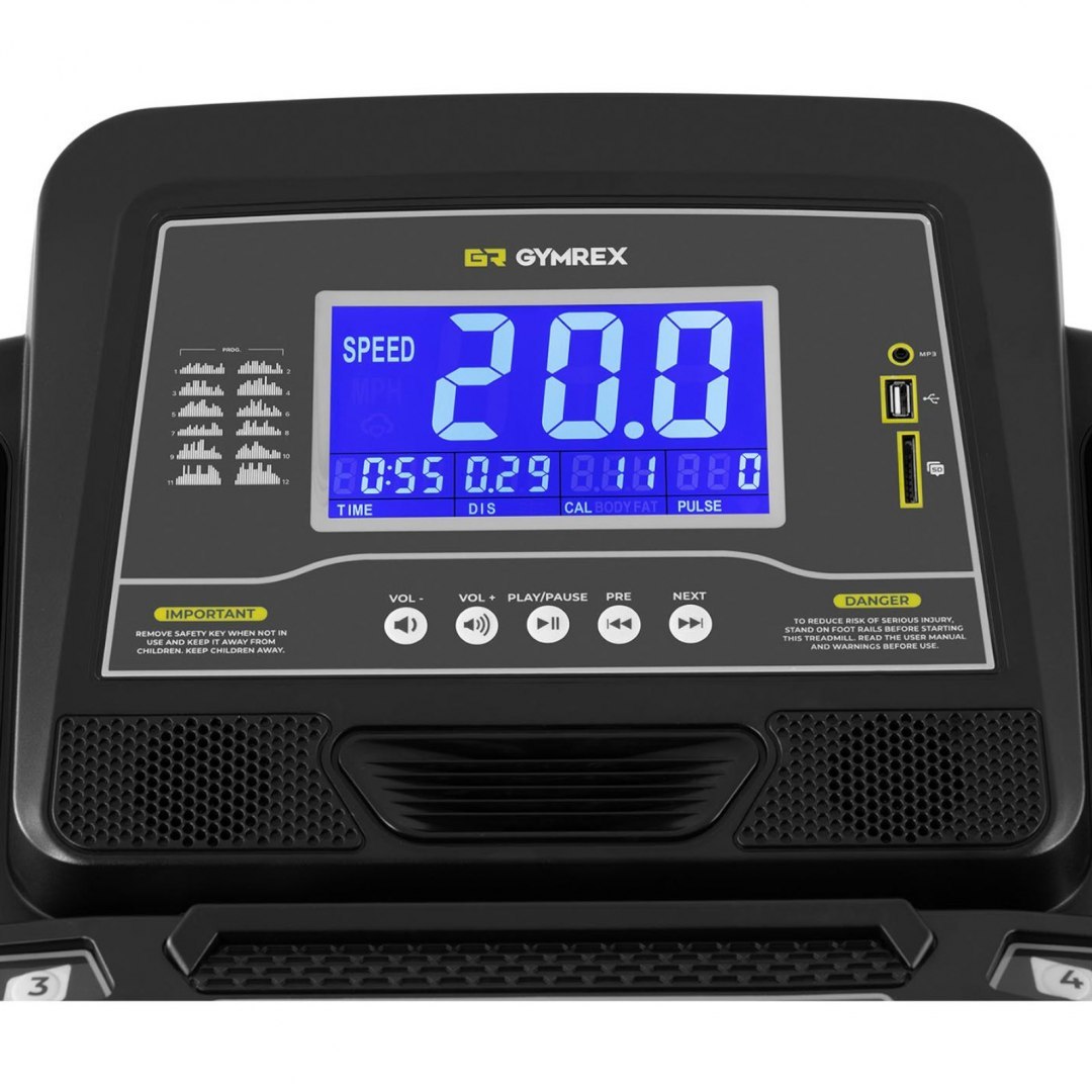 Bieżnia elektryczna składana treningowa do 150 kg 12 programów wentylator LCD 1837 W GYMREX Bieżnia elektryczna składana treningowa do 150 kg 12 programów wentylator LCD 1837 W GYMREX