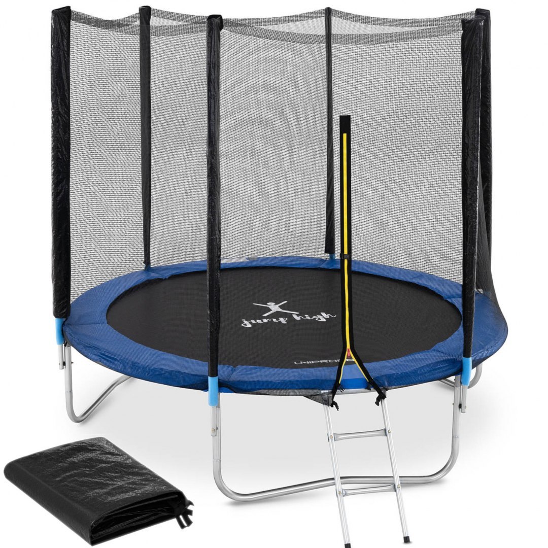 Trampolina ogrodowa z siatką i osłoną na sprężyny śr. 244 cm do 80 kg czarno-niebieska GYMREX Trampolina ogrodowa z siatką i osłoną na sprężyny śr. 244 cm do 80 kg czarno-niebieska GYMREX