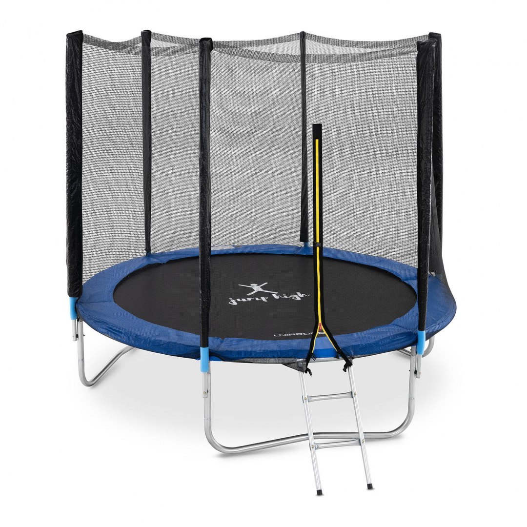 Trampolina ogrodowa z siatką i osłoną na sprężyny śr. 244 cm do 80 kg czarno-niebieska GYMREX Trampolina ogrodowa z siatką i osłoną na sprężyny śr. 244 cm do 80 kg czarno-niebieska GYMREX