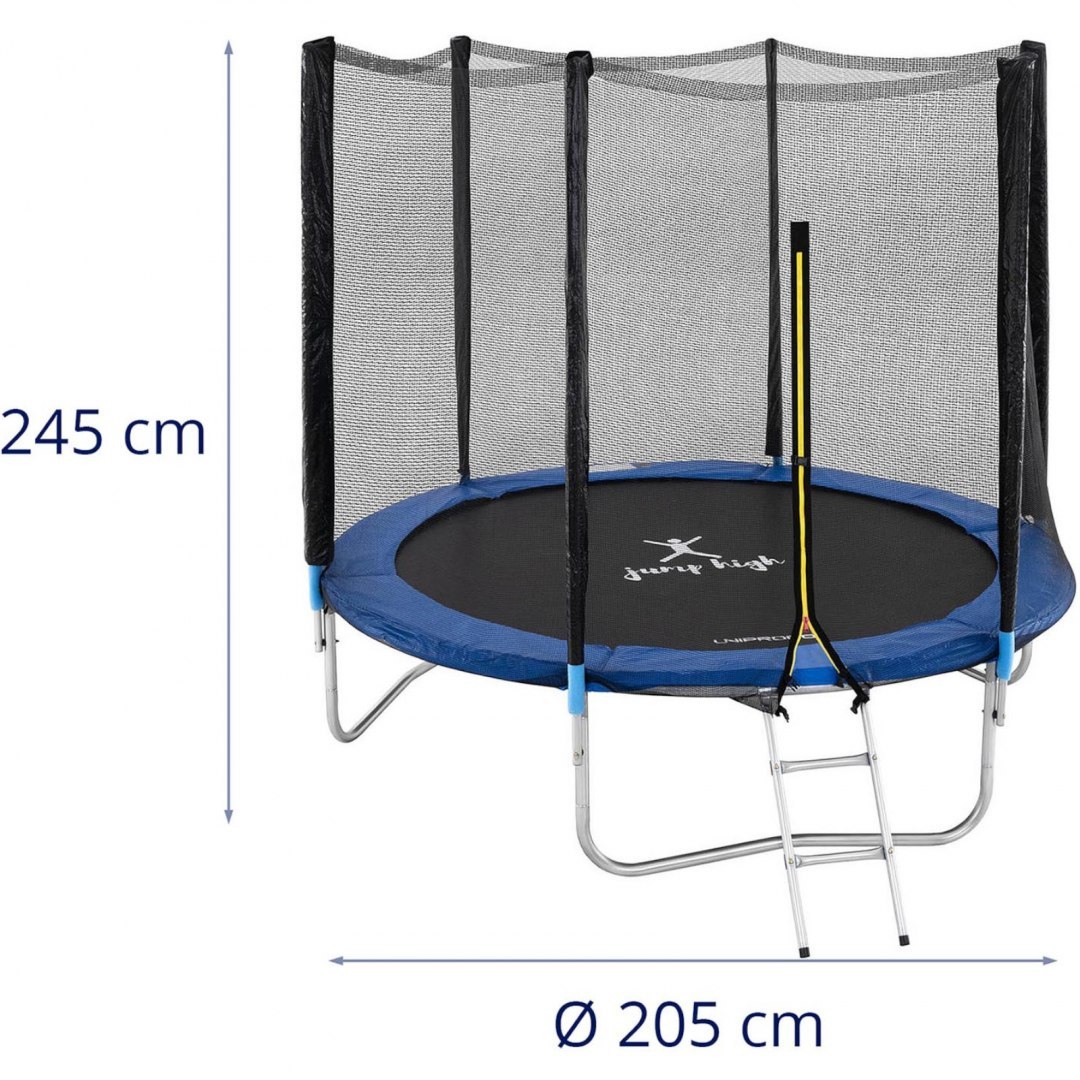 Trampolina ogrodowa z siatką i osłoną na sprężyny śr. 244 cm do 80 kg czarno-niebieska GYMREX Trampolina ogrodowa z siatką i osłoną na sprężyny śr. 244 cm do 80 kg czarno-niebieska GYMREX