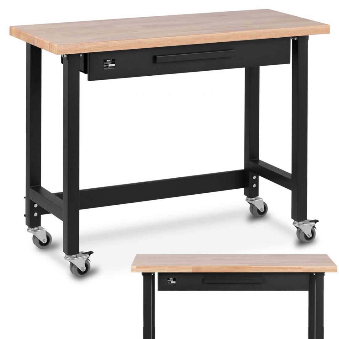 Stół warsztatowy regulowany z szufladą drewnianym blatem na kółkach 227 kg 122 x 51 cm MSW Stół warsztatowy regulowany z szufladą drewnianym blatem na kółkach 227 kg 122 x 51 cm MSW
