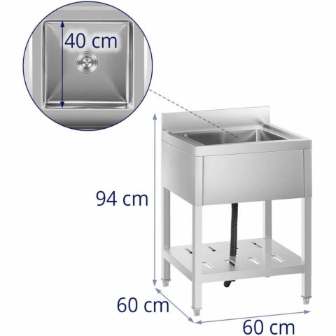 Zlew basen gastronomiczny jednokomorowy z półką i rantem 60 x 60 x 94 cm Royal Catering Zlew basen gastronomiczny jednokomorowy z półką i rantem 60 x 60 x 94 cm Royal Catering