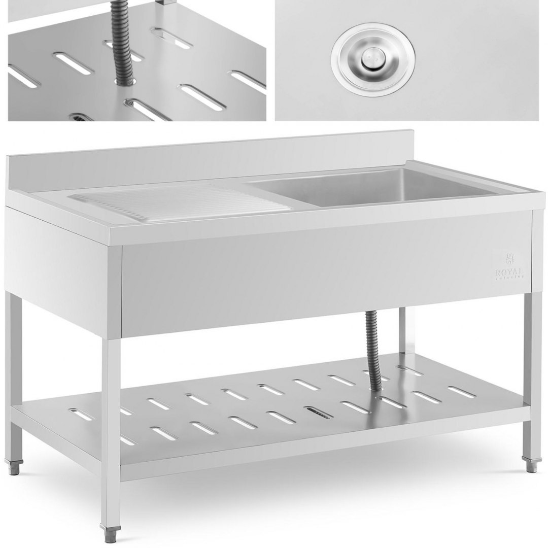 Zlew basen gastronomiczny jednokomorowy z półką i rantem prawy 140 x 70 x 94,5 cm Royal Catering Zlew basen gastronomiczny jednokomorowy z półką i rantem prawy 140 x 70 x 94,5 cm Royal Catering