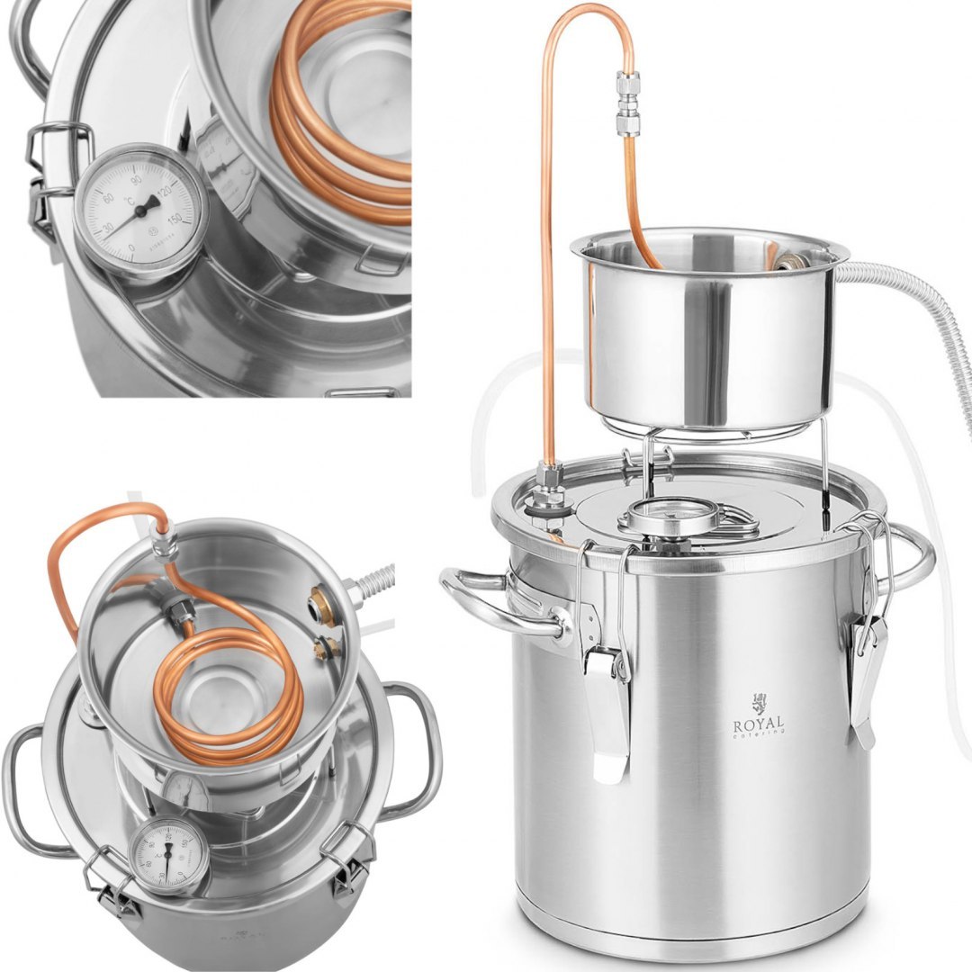Destylator destylarka nierdzewna z miedzianą spiralą termometrem 12 l Royal Catering Destylator destylarka nierdzewna z miedzianą spiralą termometrem 12 l Royal Catering
