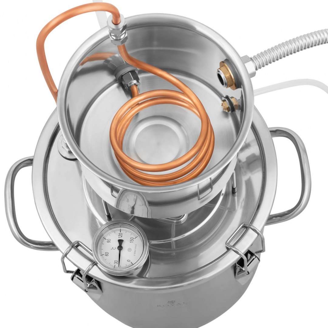 Destylator destylarka nierdzewna z miedzianą spiralą termometrem 12 l Royal Catering Destylator destylarka nierdzewna z miedzianą spiralą termometrem 12 l Royal Catering