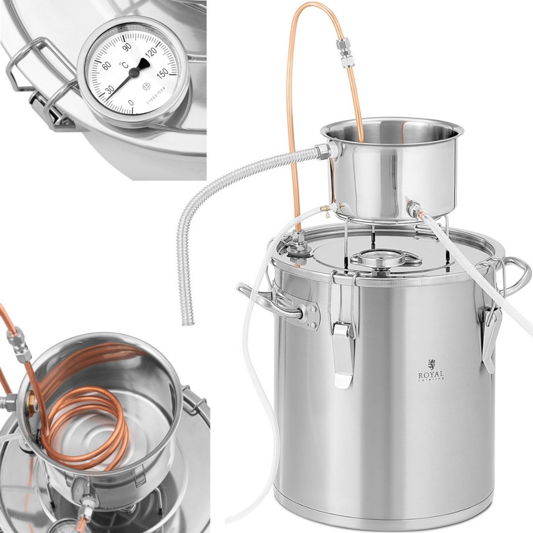 Destylator destylarka nierdzewna z miedzianą spiralą termometrem alkoholomierzem 20 l Royal Catering Destylator destylarka nierdzewna z miedzianą spiralą termometrem alkoholomierzem 20 l Royal Catering