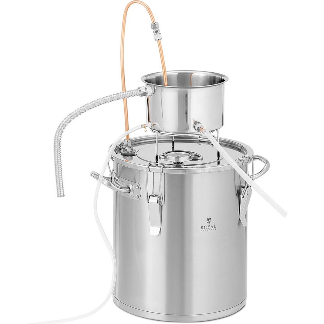 Destylator destylarka nierdzewna z miedzianą spiralą termometrem alkoholomierzem 20 l Royal Catering Destylator destylarka nierdzewna z miedzianą spiralą termometrem alkoholomierzem 20 l Royal Catering