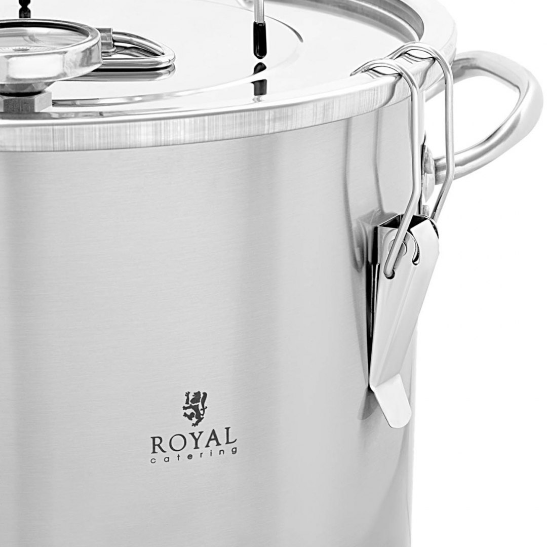 Destylator destylarka nierdzewna z miedzianą spiralą termometrem alkoholomierzem 20 l Royal Catering Destylator destylarka nierdzewna z miedzianą spiralą termometrem alkoholomierzem 20 l Royal Catering