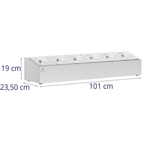 Ekspozytor stojak na pojemniki gastronomiczne 6 x GN 1/6 11.4 l + pojemniki z pokrywkami Royal Catering Ekspozytor stojak na pojemniki gastronomiczne 6 x GN 1/6 11.4 l + pojemniki z pokrywkami Royal Catering