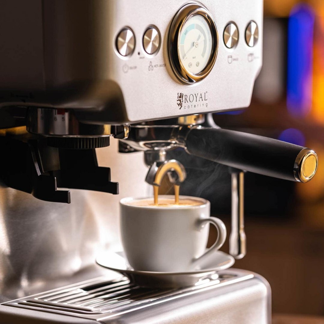 Ekspres ciśnieniowy do espresso z młynkiem akcesoriami 20 bar 2.5 l 1450 W Royal Catering Ekspres ciśnieniowy do espresso z młynkiem akcesoriami 20 bar 2.5 l 1450 W Royal Catering