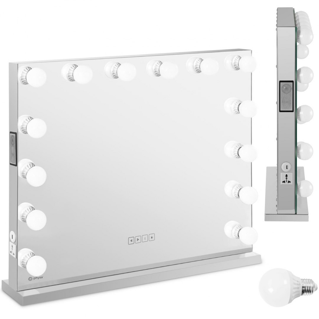 Lustro kosmetyczne do makijażu toaletki z oświetleniem i głośnikiem 14 żarówek LED USB 68 x 80 cm Physa Lustro kosmetyczne do makijażu toaletki z oświetleniem i głośnikiem 14 żarówek LED USB 68 x 80 cm Physa