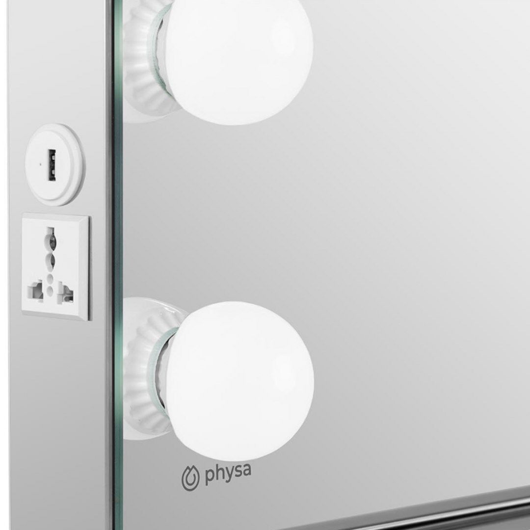 Lustro kosmetyczne do makijażu toaletki z oświetleniem i głośnikiem 14 żarówek LED USB 68 x 80 cm Physa Lustro kosmetyczne do makijażu toaletki z oświetleniem i głośnikiem 14 żarówek LED USB 68 x 80 cm Physa