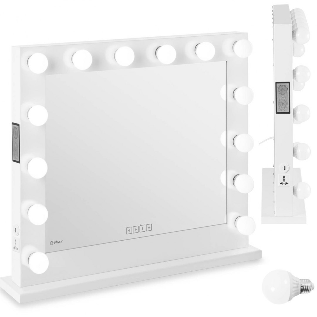 Lustro kosmetyczne do makijażu toaletki z oświetleniem i głośnikiem 14 żarówek LED USB 80.5 x 68 cm Physa Lustro kosmetyczne do makijażu toaletki z oświetleniem i głośnikiem 14 żarówek LED USB 80.5 x 68 cm Physa