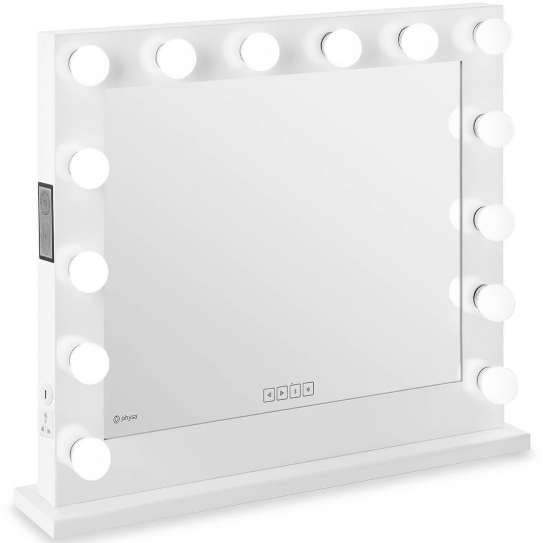 Lustro kosmetyczne do makijażu toaletki z oświetleniem i głośnikiem 14 żarówek LED USB 80.5 x 68 cm Physa Lustro kosmetyczne do makijażu toaletki z oświetleniem i głośnikiem 14 żarówek LED USB 80.5 x 68 cm Physa