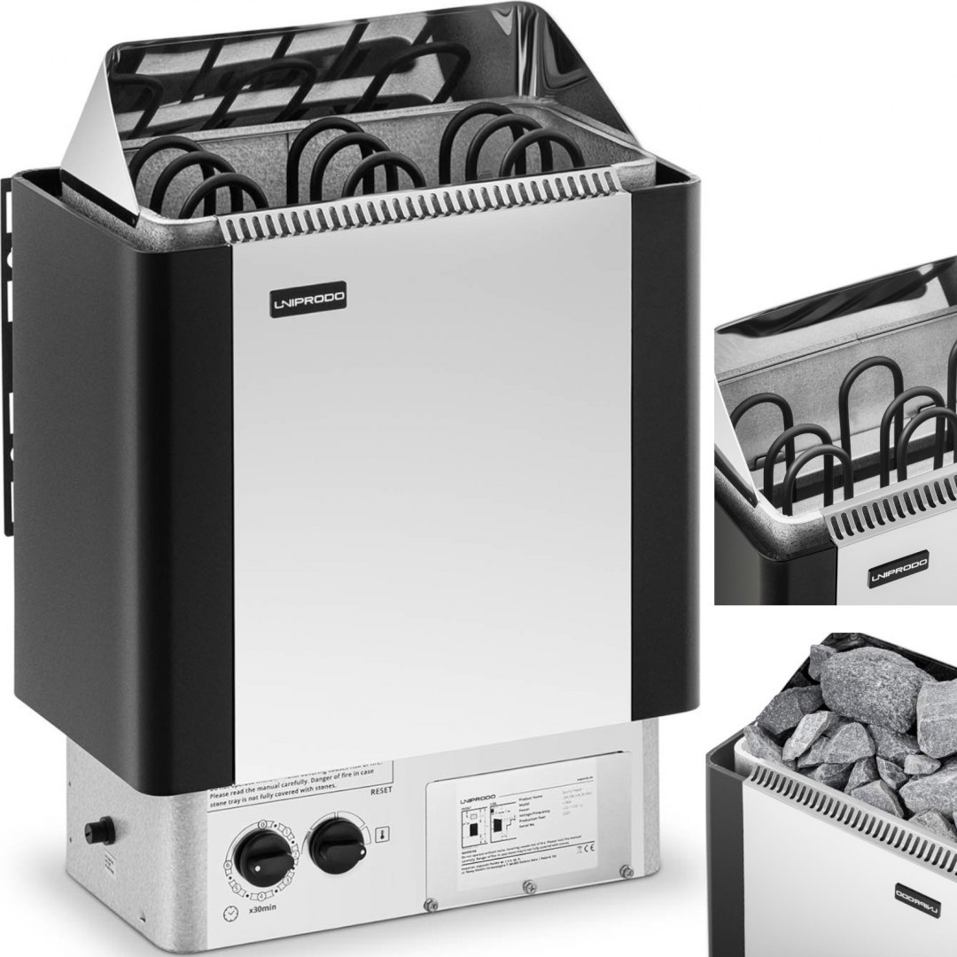 Piec do sauny elektryczny z wbudowanym sterowaniem 3-6 m3 do 110C 400 V 4.5 kW srebrno-czarny UNIPRODO Piec do sauny elektryczny z wbudowanym sterowaniem 3-6 m3 do 110C 400 V 4.5 kW srebrno-czarny UNIPRODO