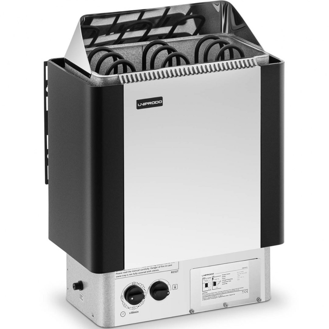 Piec do sauny elektryczny z wbudowanym sterowaniem 3-6 m3 do 110C 400 V 4.5 kW srebrno-czarny UNIPRODO Piec do sauny elektryczny z wbudowanym sterowaniem 3-6 m3 do 110C 400 V 4.5 kW srebrno-czarny UNIPRODO