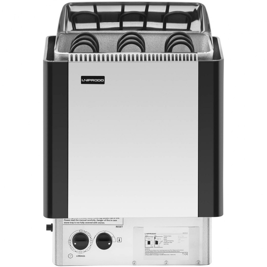 Piec do sauny elektryczny z wbudowanym sterowaniem 3-6 m3 do 110C 400 V 4.5 kW srebrno-czarny UNIPRODO Piec do sauny elektryczny z wbudowanym sterowaniem 3-6 m3 do 110C 400 V 4.5 kW srebrno-czarny UNIPRODO