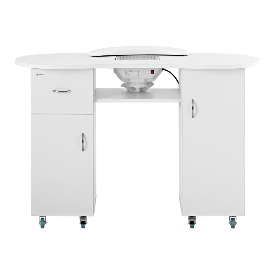 Biurko stolik do manicure kosmetyczny z pochłaniaczem pyłu i szafkami na kółkach 120x50x80 cm biały Physa Biurko stolik do manicure kosmetyczny z pochłaniaczem pyłu i szafkami na kółkach 120x50x80 cm biały Physa