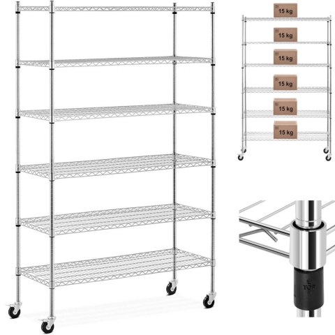 Regał magazynowy druciany ażurowy na kółkach 6 półek do 90 kg 120x45x189 cm Royal Catering Regał magazynowy druciany ażurowy na kółkach 6 półek do 90 kg 120x45x189 cm Royal Catering