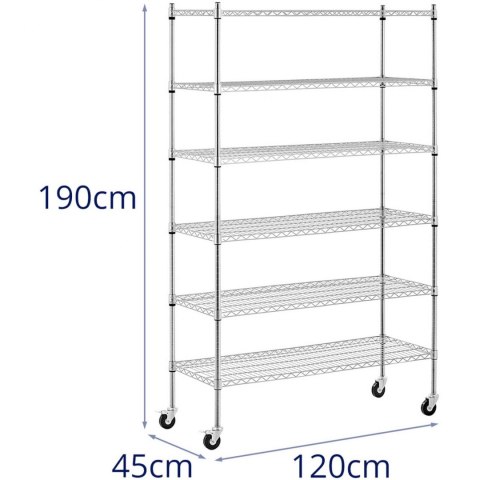 Regał magazynowy druciany ażurowy na kółkach 6 półek do 90 kg 120x45x189 cm Royal Catering Regał magazynowy druciany ażurowy na kółkach 6 półek do 90 kg 120x45x189 cm Royal Catering