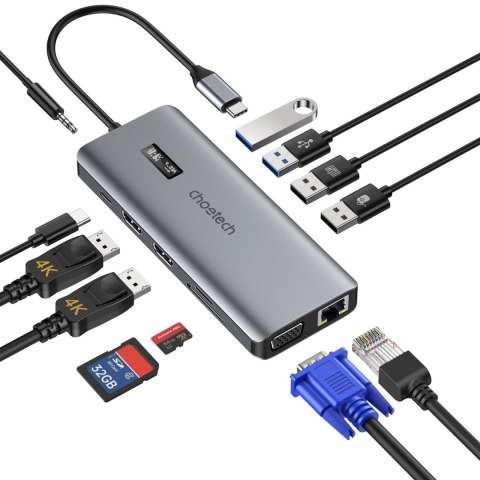 Adapter HUB wielofunkcyjny z wyświetlaczem USB-C USB-A VGA AUX SD TF 12w1 szary CHOETECH Adapter HUB wielofunkcyjny z wyświetlaczem USB-C USB-A VGA AUX SD TF 12w1 szary CHOETECH