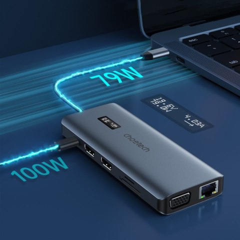 Adapter HUB wielofunkcyjny z wyświetlaczem USB-C USB-A VGA AUX SD TF 12w1 szary CHOETECH Adapter HUB wielofunkcyjny z wyświetlaczem USB-C USB-A VGA AUX SD TF 12w1 szary CHOETECH