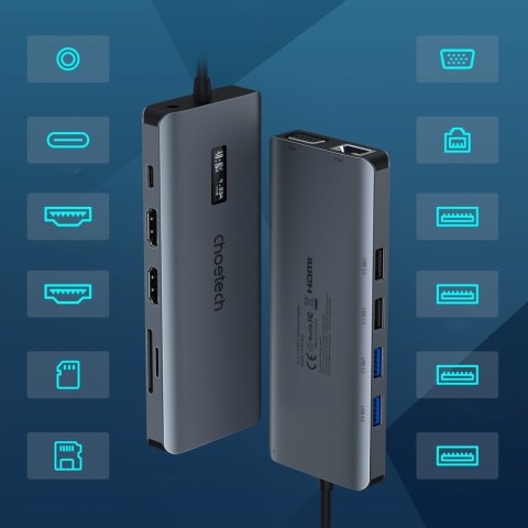 Adapter HUB wielofunkcyjny z wyświetlaczem USB-C USB-A VGA AUX SD TF 12w1 szary CHOETECH Adapter HUB wielofunkcyjny z wyświetlaczem USB-C USB-A VGA AUX SD TF 12w1 szary CHOETECH