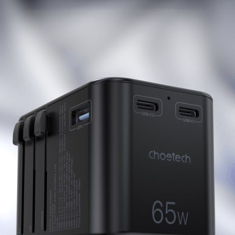 Szybka ładowarka podróżna wtyczka UE UK USA AUS 3xUSB 30-65W czarny CHOETECH Szybka ładowarka podróżna wtyczka UE UK USA AUS 3xUSB 30-65W czarny CHOETECH