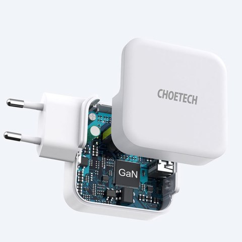 Szybka ładowarka sieciowa GaN USB Typ C PD USB-A QC3.0 65W 3.25A biały CHOETECH Szybka ładowarka sieciowa GaN USB Typ C PD USB-A QC3.0 65W 3.25A biały CHOETECH
