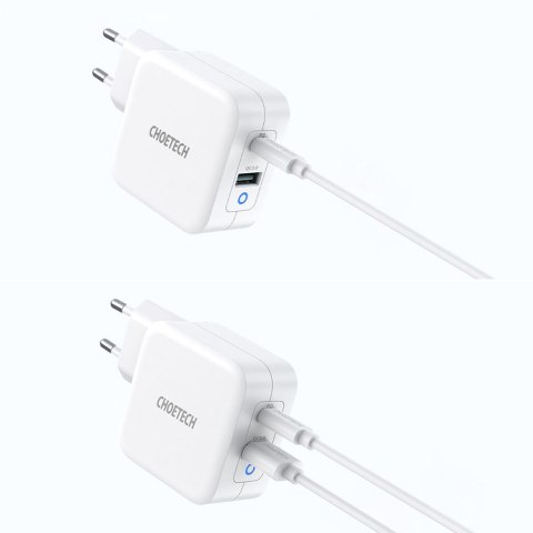 Szybka ładowarka sieciowa GaN USB Typ C PD USB-A QC3.0 65W 3.25A biały CHOETECH Szybka ładowarka sieciowa GaN USB Typ C PD USB-A QC3.0 65W 3.25A biały CHOETECH