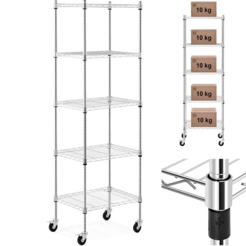 Regał magazynowy druciany ażurowy na kółkach 5 półek do 50 kg 60x45x186 cm Royal Catering Regał magazynowy druciany ażurowy na kółkach 5 półek do 50 kg 60x45x186 cm Royal Catering