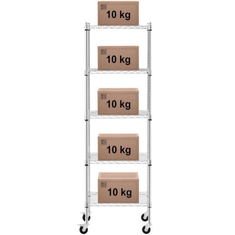 Regał magazynowy druciany ażurowy na kółkach 5 półek do 50 kg 60x45x186 cm Royal Catering Regał magazynowy druciany ażurowy na kółkach 5 półek do 50 kg 60x45x186 cm Royal Catering