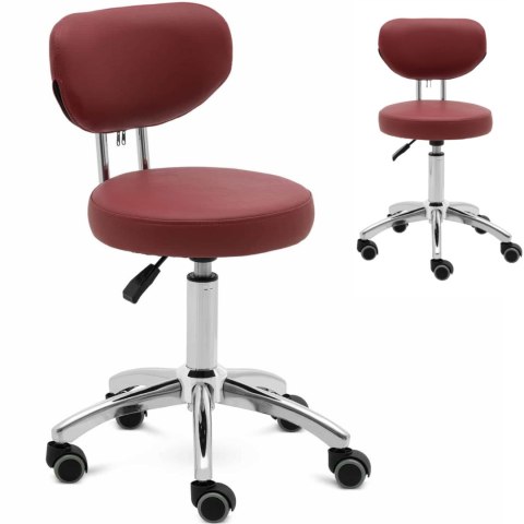 Krzesło kosmetyczne obrotowe z oparciem na kółkach 46-60 cm ASCONA - bordowe Physa