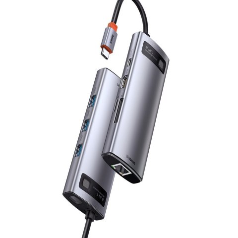 Wielofunkcyjny HUB 8w1 USB USB-C PD 100W HDMI czytnik kart SD i microSD 3x USB 3.2 RJ45 Szary BASEUS Wielofunkcyjny HUB 8w1 USB USB-C PD 100W HDMI czytnik kart SD i microSD 3x USB 3.2 RJ45 Szary BASEUS