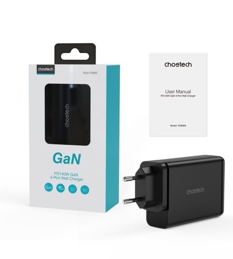 Ładowarka zasilacz GaN 140W 4 porty 2x USB-C + 2x USB - czarna CHOETECH Ładowarka zasilacz GaN 140W 4 porty 2x USB-C + 2x USB - czarna CHOETECH