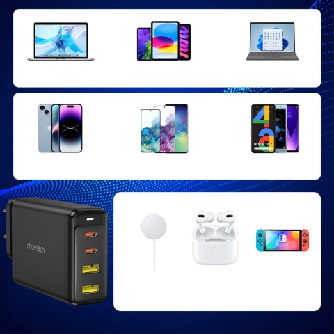 Ładowarka zasilacz GaN 140W 4 porty 2x USB-C + 2x USB - czarna CHOETECH Ładowarka zasilacz GaN 140W 4 porty 2x USB-C + 2x USB - czarna CHOETECH