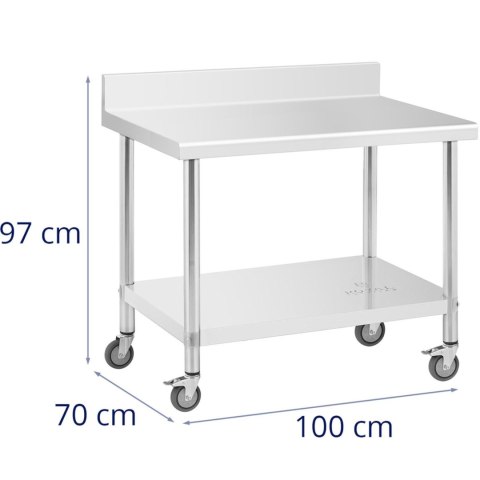 Stół metalowy gastronomiczny na kółkach z półką i rantem STAL 70 x 100 cm Royal Catering Stół metalowy gastronomiczny na kółkach z półką i rantem STAL 70 x 100 cm Royal Catering