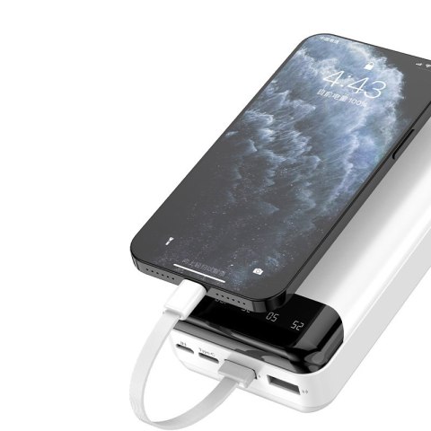Pojemny powerbank 20000mAh z 3 wbudowanymi kablami USB-C microUSB Lightning biały DUDAO Pojemny powerbank 20000mAh z 3 wbudowanymi kablami USB-C microUSB Lightning biały DUDAO