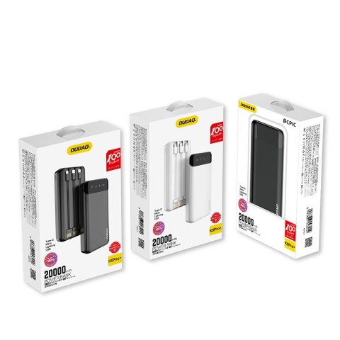 Pojemny powerbank 20000mAh z 3 wbudowanymi kablami USB-C microUSB Lightning czarny DUDAO Pojemny powerbank 20000mAh z 3 wbudowanymi kablami USB-C microUSB Lightning czarny DUDAO