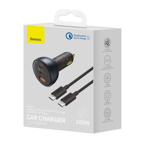 Szybka ładowarka samochodowa USB USB-C 160W PPS Quick Charge 5 PD szary BASEUS Szybka ładowarka samochodowa USB USB-C 160W PPS Quick Charge 5 PD szary BASEUS