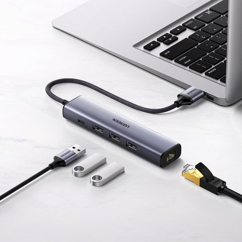 Wielofunkcyjny HUB adapter rozdzielacz USB 3.0 - 3x USB Ethernet RJ-45 USB-C PD szary UGREEN Wielofunkcyjny HUB adapter rozdzielacz USB 3.0 - 3x USB Ethernet RJ-45 USB-C PD szary UGREEN