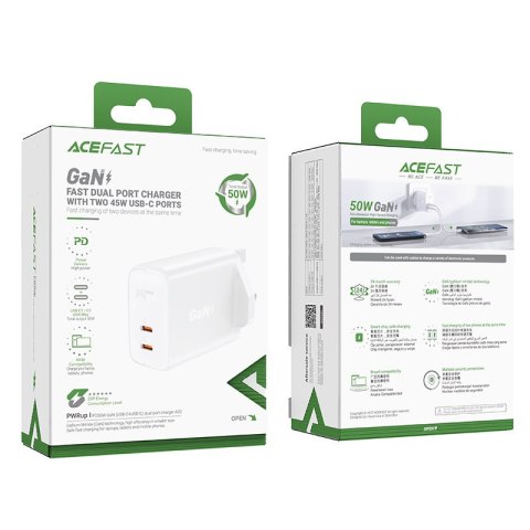 Ładowarka sieciowa angielska A32 GaN dwa porty USB-C PD 50W wtyczka UK biały ACEFAST Ładowarka sieciowa angielska A32 GaN dwa porty USB-C PD 50W wtyczka UK biały ACEFAST