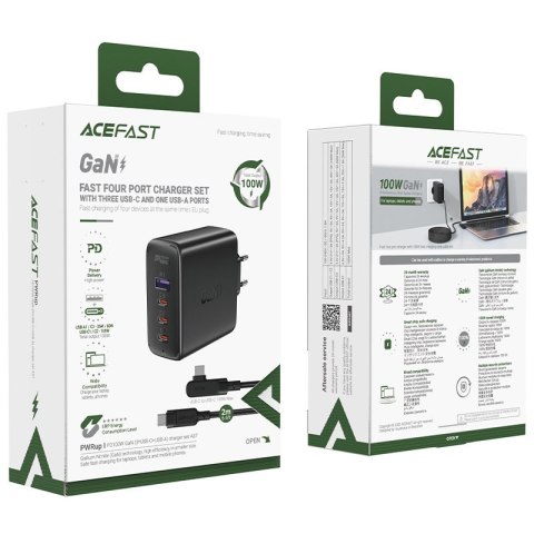 Szybka ładowarka sieciowa GaN 3x USB-C 1x USB-A + kabel kątowy USB-C 100W 2m czarny ACEFAST Szybka ładowarka sieciowa GaN 3x USB-C 1x USB-A + kabel kątowy USB-C 100W 2m czarny ACEFAST