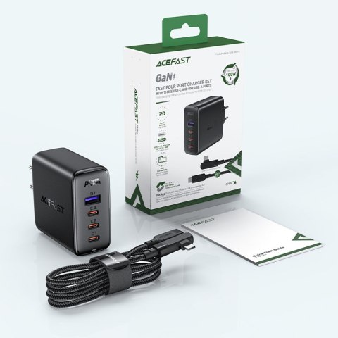 Szybka ładowarka sieciowa GaN 3x USB-C 1x USB-A + kabel kątowy USB-C 100W 2m czarny ACEFAST Szybka ładowarka sieciowa GaN 3x USB-C 1x USB-A + kabel kątowy USB-C 100W 2m czarny ACEFAST