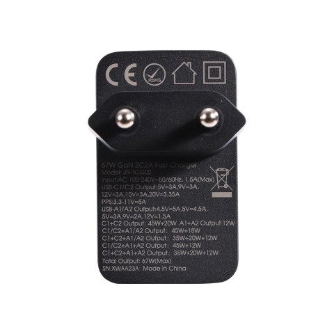 Ładowarka sieciowa GaN 67W 2x USB 2x USB-C + kabel USB-C 1.2m czarny JOYROOM Ładowarka sieciowa GaN 67W 2x USB 2x USB-C + kabel USB-C 1.2m czarny JOYROOM