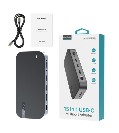 HUB Adapter M52 USB-CUSB-A HDMI VGA DP SD TF RJ45 AUX PD szary CHOETECH HUB Adapter M52 USB-CUSB-A HDMI VGA DP SD TF RJ45 AUX PD szary CHOETECH