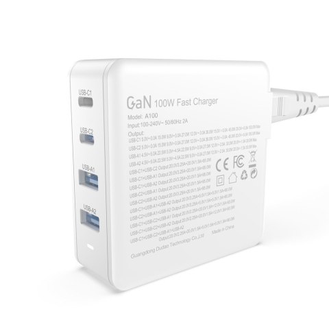 Szybka i mocna ładowarka sieciowa GaN 2x USB-C 2x USB 100W biała DUDAO Szybka i mocna ładowarka sieciowa GaN 2x USB-C 2x USB 100W biała DUDAO