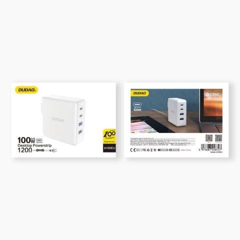 Szybka i mocna ładowarka sieciowa GaN 2x USB-C 2x USB 100W biała DUDAO Szybka i mocna ładowarka sieciowa GaN 2x USB-C 2x USB 100W biała DUDAO