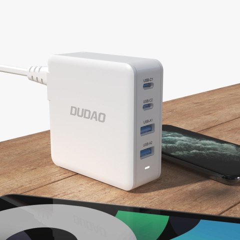 Szybka i mocna ładowarka sieciowa GaN 2x USB-C 2x USB 100W biała DUDAO Szybka i mocna ładowarka sieciowa GaN 2x USB-C 2x USB 100W biała DUDAO